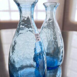 2 Vintage Japanese Sasaki Textured Blue Glass 6"H Vase Sake Carafe Bottles